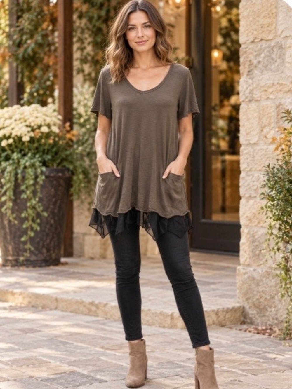 LOGO by Lori Goldstein Olive Tunic with Black Lace Hem